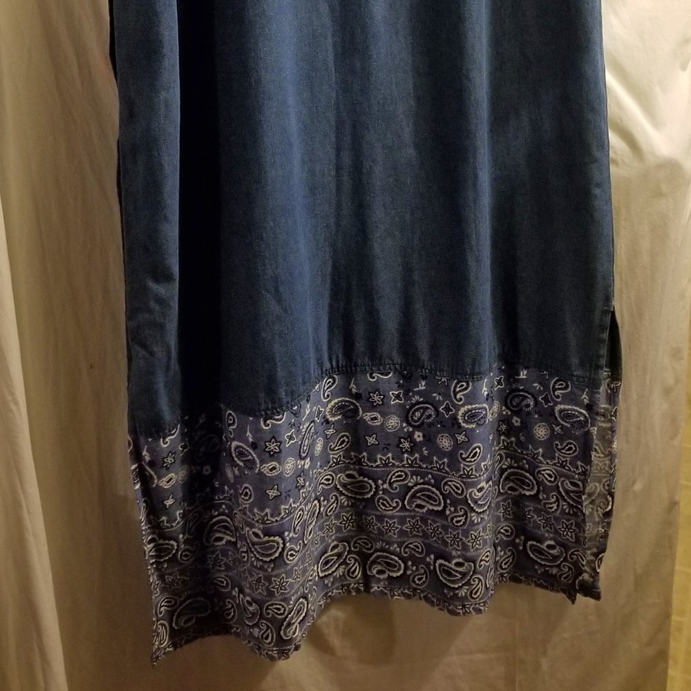 Sleeveless Denim  Maxi Dress with block paisley bottom. Size M/L - Picture 2 of 9